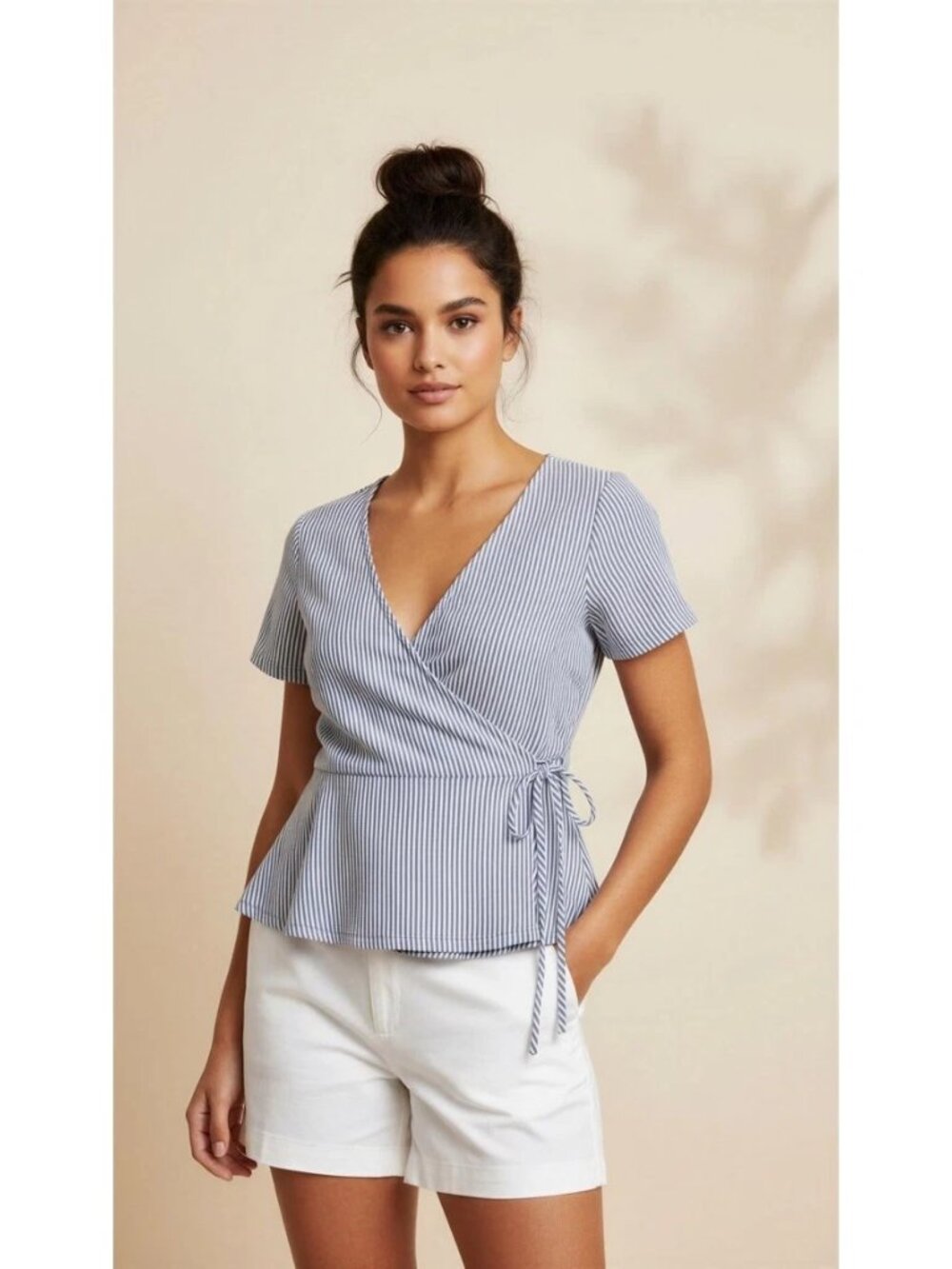 Caution to the Wind Striped Peplum Top - V-Neck Side Tie Blouse - Size S